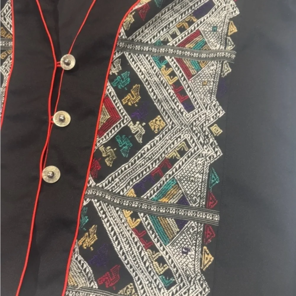 Vintage‎ Style Embroidered Jacket Boho Tribal Cropped Black Red Trim Women Small